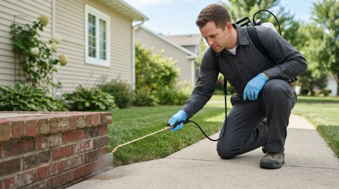 Pest control technician treating a home near Christiansburg, OH