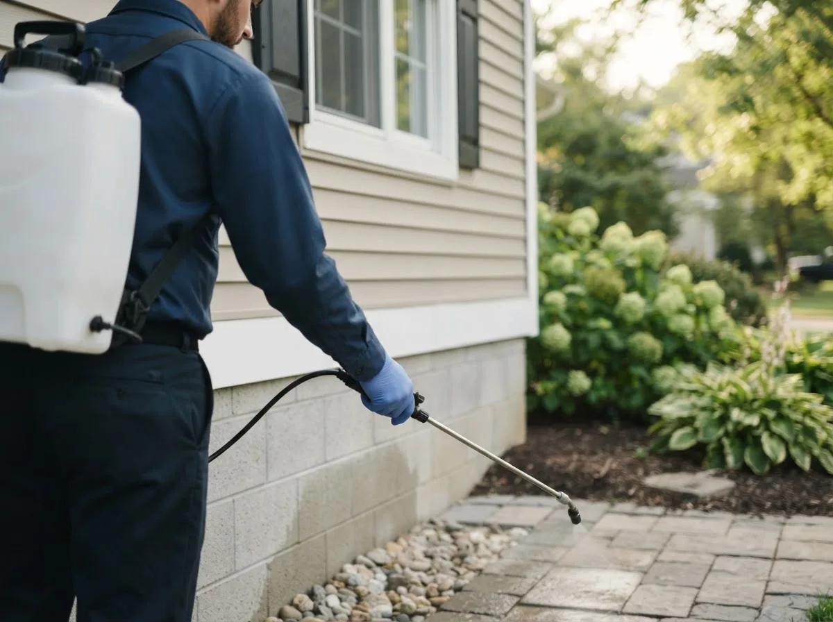 Pest control technician inspecting a home in Christiansburg, OH
